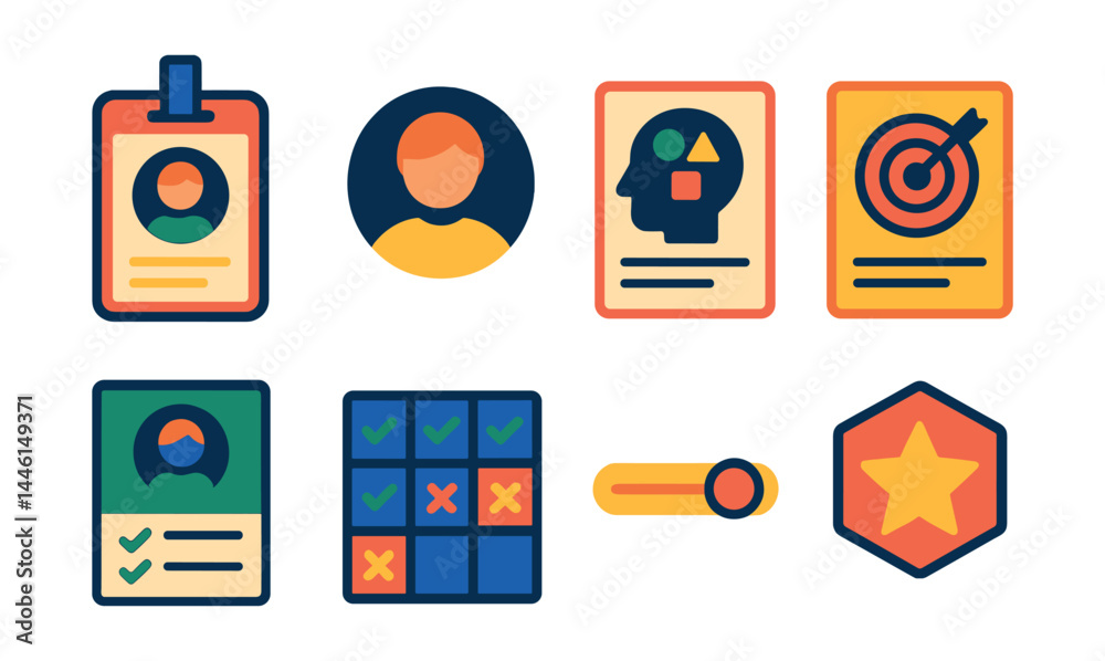Flat vector icons of student profile and identity: student ID badge, profile avatar icon, learning style card, personal learning goal, course history sheet, attendance chart, preferred pace slider,
