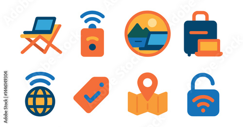 Obraz na płótnie Flat vector icons of remote working from anywhere: laptop on beach chair, mobile hotspot icon, scenic workspace badge, travel-ready setup, global Wi-Fi signal, remote-friendly app tag, w salonie