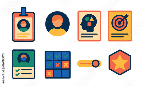 Obraz na płótnie Flat vector icons of student profile and identity: student ID badge, profile avatar icon, learning style card, personal learning goal, course history sheet, attendance chart, preferred pace slider, w salonie