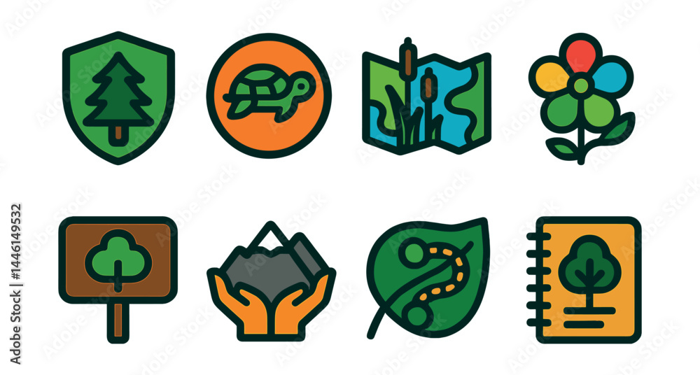 Flat vector icons of nature preservation: forest protection shield, endangered species icon, wetland preservation map, biodiversity symbol, protected park zone, mountain range care, wildlife corridor
