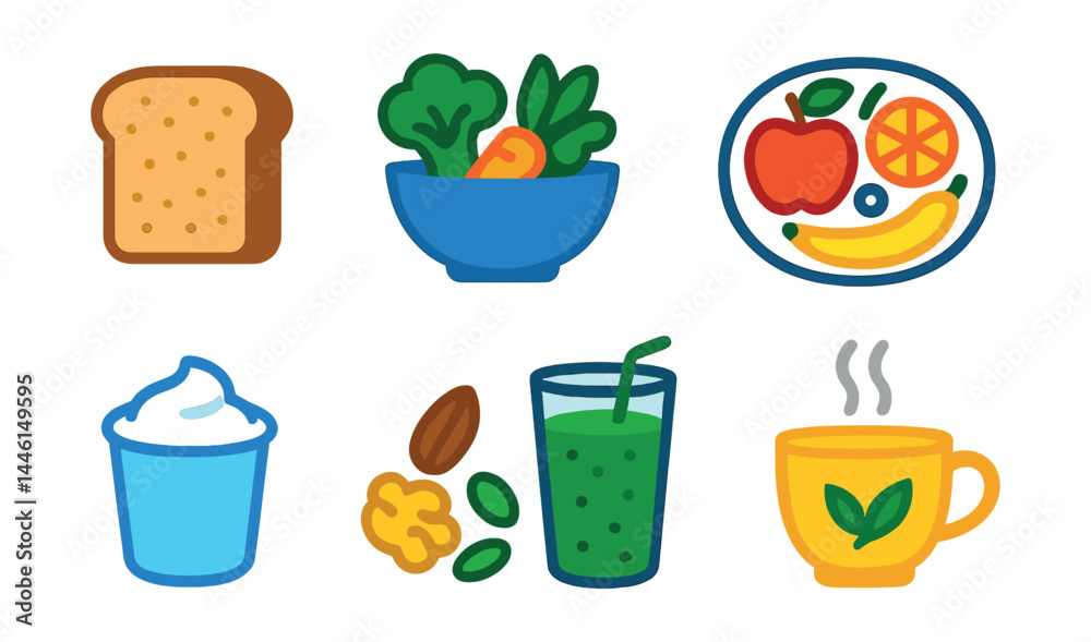 Flat vector icons of healthy food choices: whole grain bread slice, steamed vegetables bowl, lean protein portion, fruit variety plate, natural yogurt cup, nuts and seeds mix, smoothie with greens,