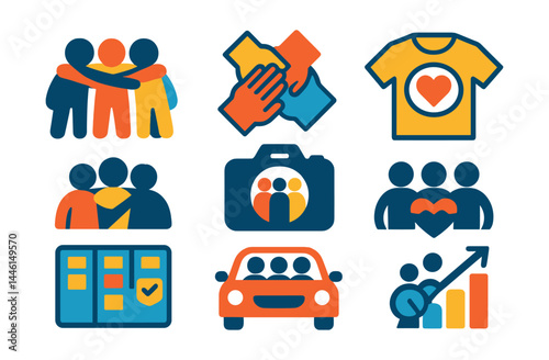 Flat vector icons of team volunteering: group huddle icon, teamwork hand stack, team t-shirts badge, group photo camera, shared task board, carpool ride icon, community team logo, joint success chart