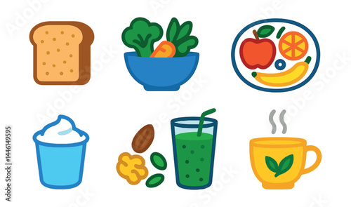 Flat vector icons of healthy food choices: whole grain bread slice, steamed vegetables bowl, lean protein portion, fruit variety plate, natural yogurt cup, nuts and seeds mix, smoothie with greens,