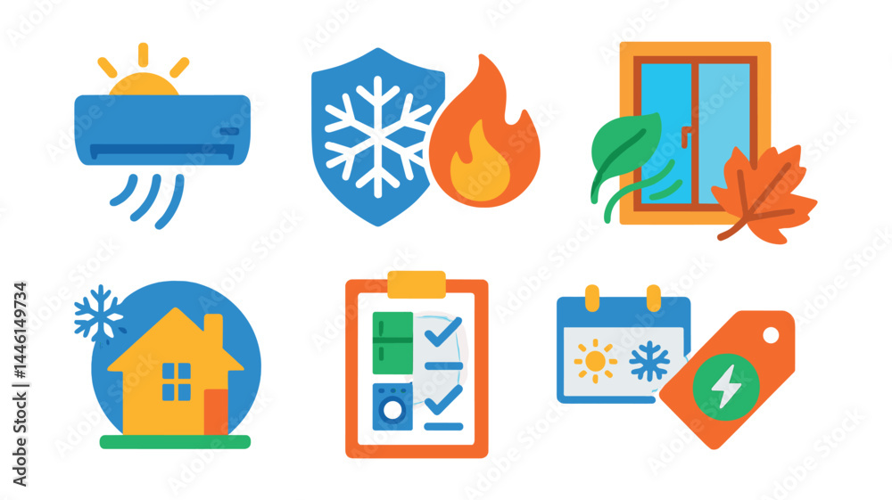 Flat vector icons of seasonal energy efficiency: summer AC efficiency icon, winter heating tips badge, spring breeze ventilation, fall sunlight window icon, insulation before winter symbol, seasonal