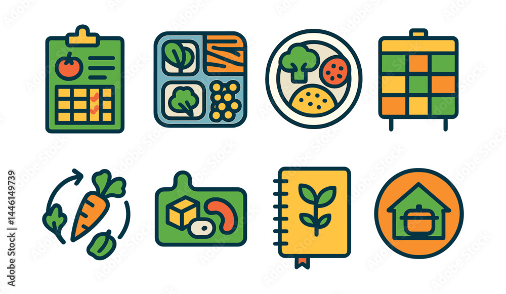 Flat vector icons of vegetarian meal planning: weekly vegetarian menu, veggie lunchbox planner, balanced dinner plate, meal prep chart, rotation of ingredients icon, protein variety planner, meal