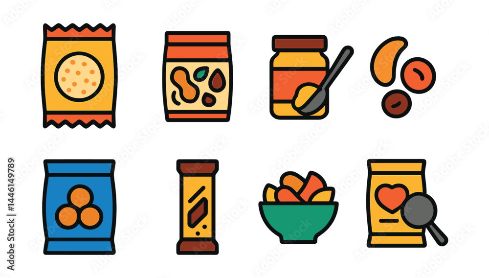 Flat vector icons of gluten-free snacks and products: rice crackers pack, trail mix pouch, nut butter with spoon, dried fruit icon, roasted chickpeas bag, energy bar symbol, veggie chips bowl, snack