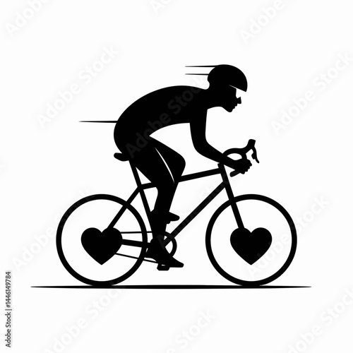 A cyclist in a helmet rides a bicycle featuring heart-shaped wheels, suggesting a love for biking