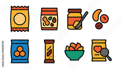 Obraz na płótnie Flat vector icons of gluten-free snacks and products: rice crackers pack, trail mix pouch, nut butter with spoon, dried fruit icon, roasted chickpeas bag, energy bar symbol, veggie chips bowl, snack w salonie