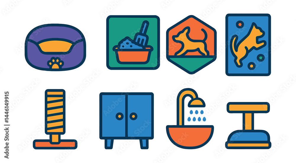 Flat vector icons of pet-friendly spaces: pet bed corner, litter station sign, dog run yard badge, indoor climbing wall, scratching zone icon, safe storage cabinet, pet shower area, designated chill