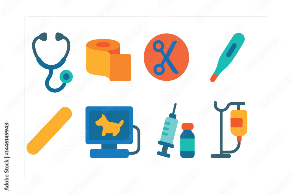 Flat vector icons of veterinary tools and equipment: stethoscope icon, bandage roll, surgical scissors badge, thermometer for pets, tongue depressor, diagnostic ultrasound, syringe and vial, IV drip