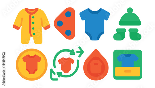 Obraz na płótnie Flat vector icons of dressing and changing: newborn outfit with snaps, fasteners with soft edges, baby bodysuit icon, baby cap and booties set, outfit change symbol, extra onesie badge, laundry safe w salonie
