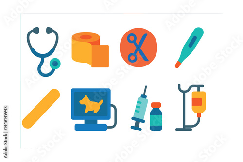 Obraz na płótnie Flat vector icons of veterinary tools and equipment: stethoscope icon, bandage roll, surgical scissors badge, thermometer for pets, tongue depressor, diagnostic ultrasound, syringe and vial, IV drip w salonie