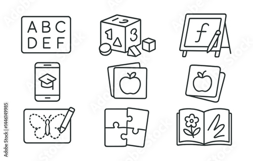 Line style icons of learning at home: alphabet chart, number toy, educational app, writing board, flashcards, tracing sheet, kids puzzle, coloring book.