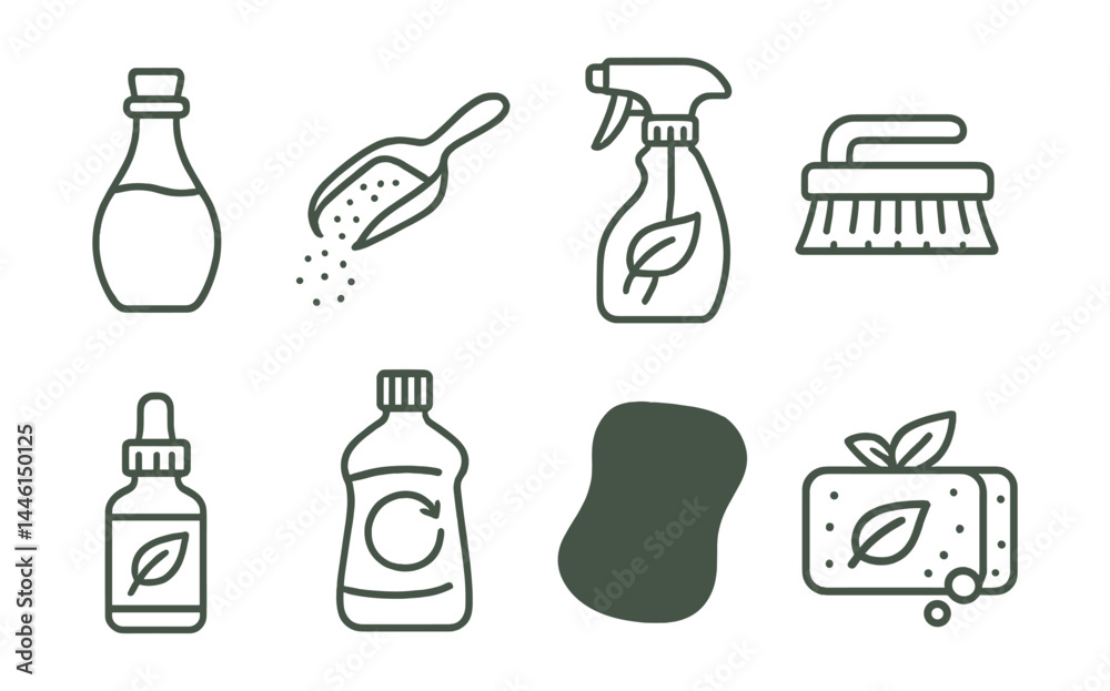 Line style icons of green cleaning: vinegar bottle, baking soda scoop, glass spray, scrub brush, essential oil, refill bottle, compostable sponge, natural soap.
