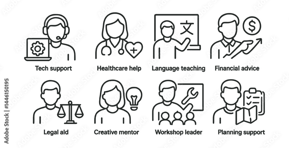 Line style icons of skill-based volunteering: tech support, healthcare help, language teaching, financial advice, legal aid, creative mentor, workshop leader, planning support.
