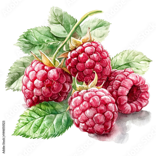 Beautiful watercolor drawing of fresh raspberries with green leaves on a transparent background, raspberries in drawing isolated on transparent background