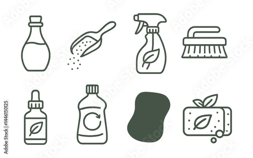 Obraz na płótnie Line style icons of green cleaning: vinegar bottle, baking soda scoop, glass spray, scrub brush, essential oil, refill bottle, compostable sponge, natural soap. w salonie