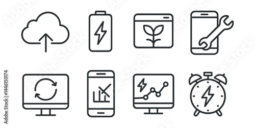 Line style icons of sustainable tech use: cloud backup, battery saver, green hosting, repair device, software update, limit data, energy dashboard, use off-peak.