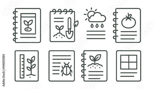 Line style icons of garden journaling: seed log, planting note, weather tracker, harvest record, growth chart, pest entry, soil log, plan page.