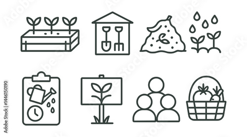 Obraz na płótnie Line style icons of community gardens: shared bed, tool shed, compost pile, planting zone, watering schedule, signboard, team icon, harvest day. w salonie