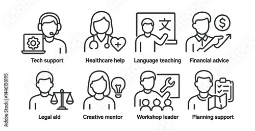 Obraz na płótnie Line style icons of skill-based volunteering: tech support, healthcare help, language teaching, financial advice, legal aid, creative mentor, workshop leader, planning support. w salonie