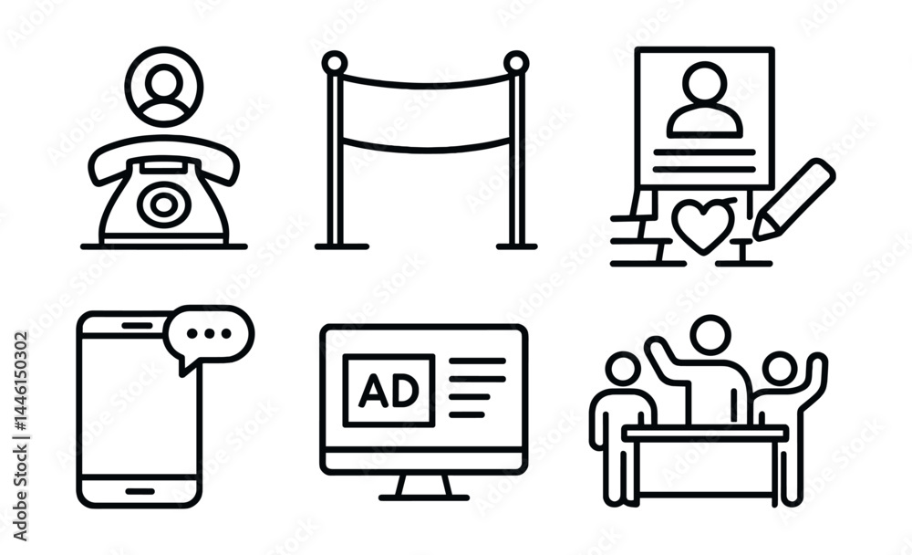 Line style icons of outreach methods: phone-a-thon, public banner, community flyer, sidewalk chalk, SMS blast, digital ad, info table, grassroots team.