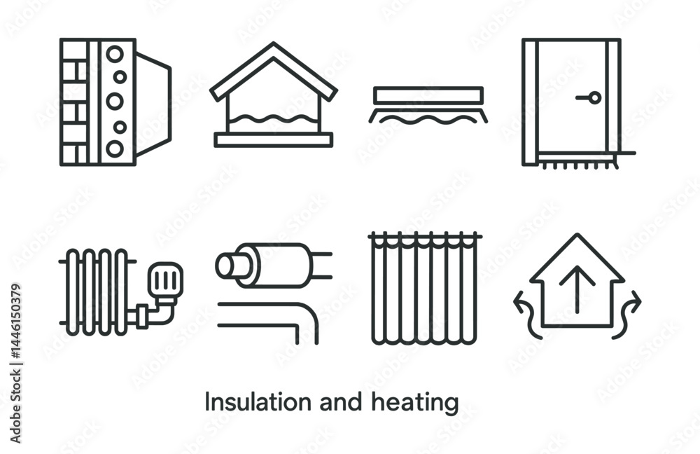 Line style icons of insulation and heating: wall insulation, roof layer, floor seal, door sweep, radiator valve, pipe insulation, thermal curtain, heat retention.