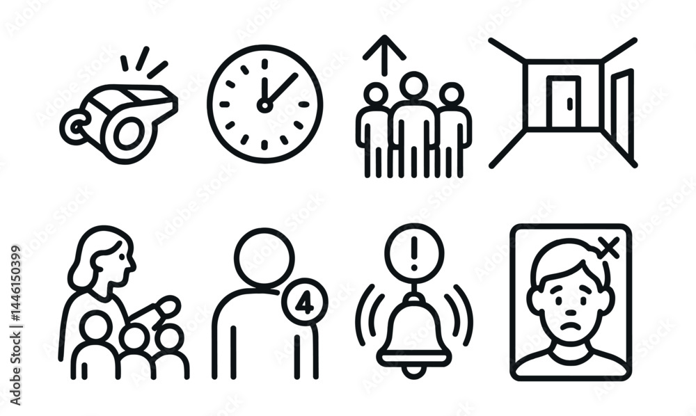 Line style icons of emergency drills: practice whistle, timed drill clock, regroup point, clear corridor, teacher lead, headcount icon, alert drill, no panic card.