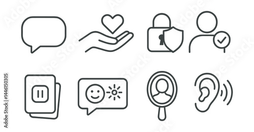 Line style icons of safe conversations: open bubble, no judgement hand, privacy icon, trusted person, pause card, feeling word, reflect mirror, active listen.