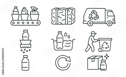 Line style icons of recycling process: sorting belt, compressed bale, recycling truck, material washing, shredding machine, reprocessing arrow, bin pickup, clean packaging.