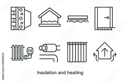 Obraz na płótnie Line style icons of insulation and heating: wall insulation, roof layer, floor seal, door sweep, radiator valve, pipe insulation, thermal curtain, heat retention. w salonie