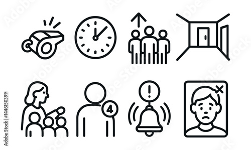 Line style icons of emergency drills: practice whistle, timed drill clock, regroup point, clear corridor, teacher lead, headcount icon, alert drill, no panic card.