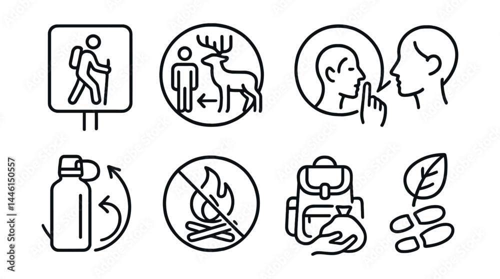 Line style icons of respect for nature: stay on trail sign, wildlife distance icon, no-litter badge, quiet nature icon, reuse water bottle, no campfire mark, pack in-pack out icon, leave no trace.