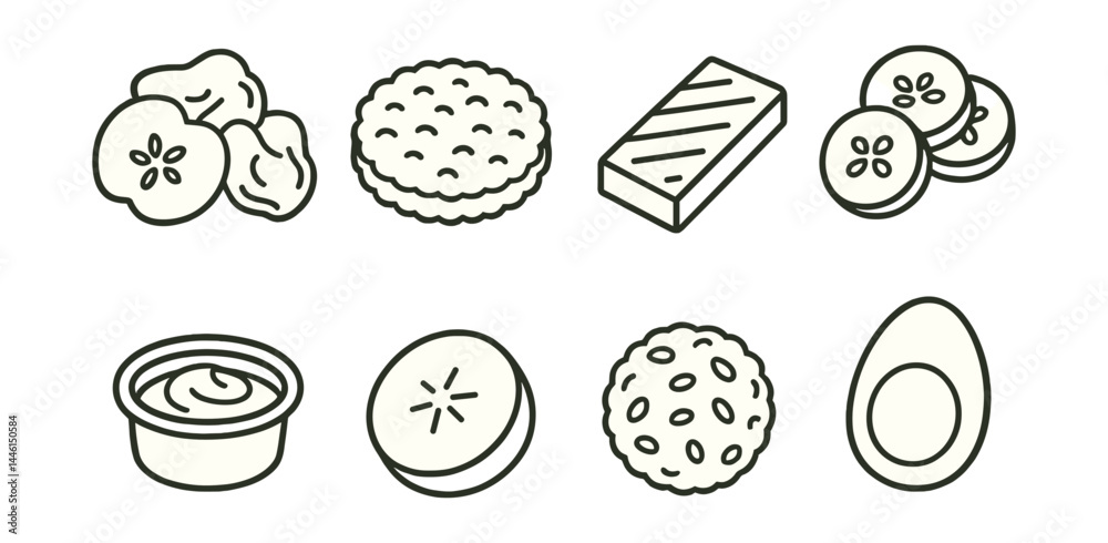 Line style icons of healthy snacks: apple chips, rice cake, nut-free bar, cucumber coins, hummus pot, banana slice, oat ball, hard-boiled egg.