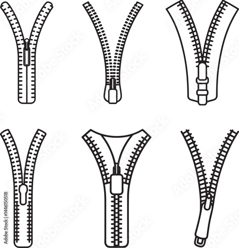set of zipper line art, black outline, vector and illustration, coloring book page line art drawing