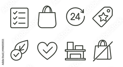 Line style icons of shopping with intention: checklist icon, reusable tote, wait 24 hours symbol, product quality tag, eco label check, mindful choice heart, simple shelf, buy less icon.