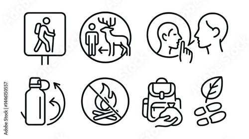 Obraz na płótnie Line style icons of respect for nature: stay on trail sign, wildlife distance icon, no-litter badge, quiet nature icon, reuse water bottle, no campfire mark, pack in-pack out icon, leave no trace. w salonie