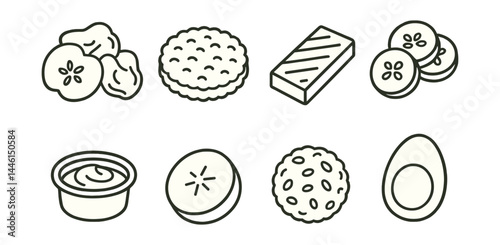 Obraz na płótnie Line style icons of healthy snacks: apple chips, rice cake, nut-free bar, cucumber coins, hummus pot, banana slice, oat ball, hard-boiled egg. w salonie