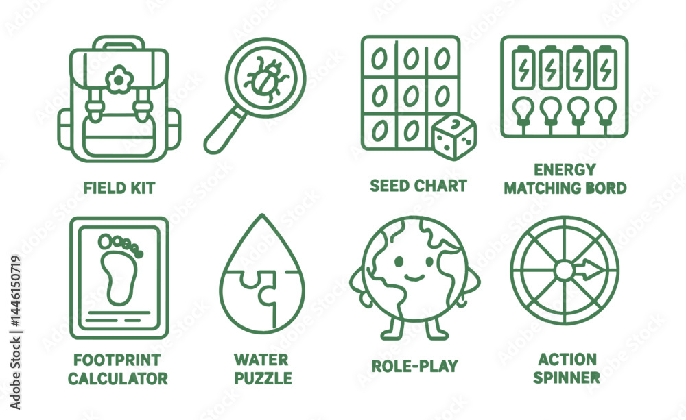 Line style icons of interactive green learning: field kit icon, magnifier + bug, seed chart game, energy matching board, footprint calculator, water drop puzzle, role-play earth icon, action spinner. Line style icons of interactive green learning: field kit icon, magnifier + bug, seed chart game, energy matching board, footprint calculator, water drop puzzle, role-play earth icon, action spinner.