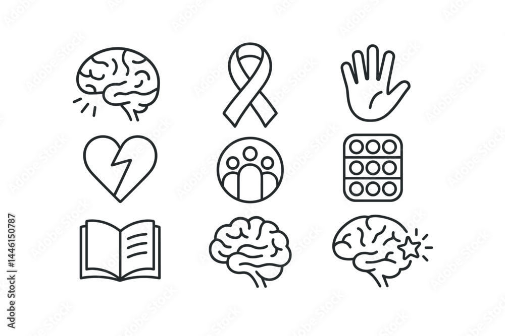 Line style icons of neurodiversity symbols: ADHD brain, autism ribbon, neurodivergent heart, sensory icon, inclusion symbol, stim toy, learning difference, brain with spark.