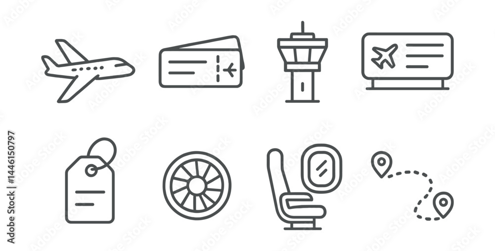 Line style icons of air travel: airplane, boarding pass, control tower, flight info, luggage tag, jet engine, window seat, air route.