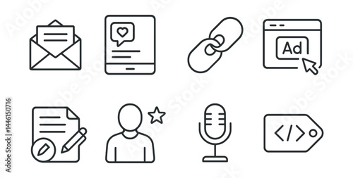 Line style icons of marketing channels: email campaign, social post, SEO link, pay-per-click ad, content blog, influencer icon, podcast slot, referral code.