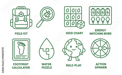 Line style icons of interactive green learning: field kit icon, magnifier + bug, seed chart game, energy matching board, footprint calculator, water drop puzzle, role-play earth icon, action spinner.