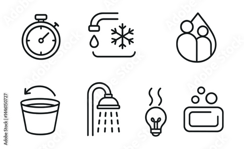 Line style icons of efficient bath routines: quick timer icon, cold rinse symbol, low-flow tap, shared water reminder, water bucket reuse, shower-only icon, energy steam guide, soap-off fast.