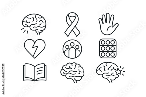 Obraz na płótnie Line style icons of neurodiversity symbols: ADHD brain, autism ribbon, neurodivergent heart, sensory icon, inclusion symbol, stim toy, learning difference, brain with spark. w salonie