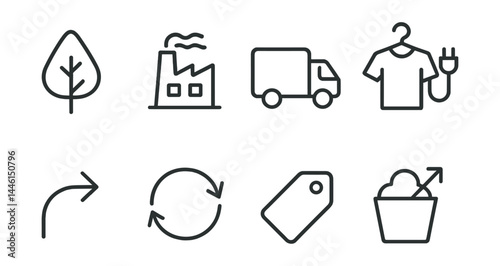 Line style icons of sustainable material life cycle: source tree icon, manufacturing impact, transportation footprint, product use icon, repair arrow, reuse loop, end-of-life tag, landfill diversion.