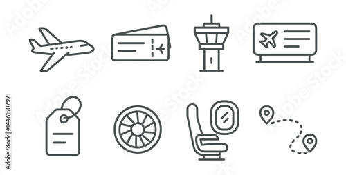 Obraz na płótnie Line style icons of air travel: airplane, boarding pass, control tower, flight info, luggage tag, jet engine, window seat, air route. w salonie