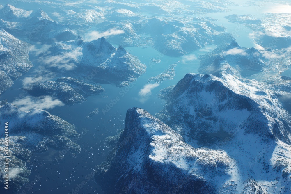 Aerial View of Icy Fjords in Norway Featuring Glacial Blue Waters and Snow-Capped Sharp Cliffs