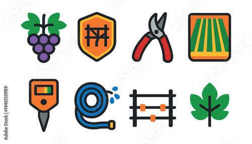 Flat vector icons of vineyard essentials: grapevine icon, trellis system badge, pruning shears, vineyard row map, soil pH tester, irrigation hose, vine training wires, grape leaf symbol.