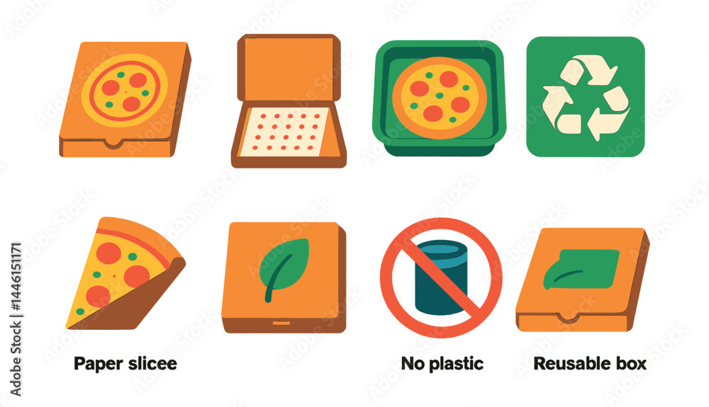 Flat vector icons of pizza packaging and eco-options: cardboard pizza box, greaseproof paper liner, biodegradable pizza tray, recyclable box icon, paper slice sleeve, eco label on box, no plastic